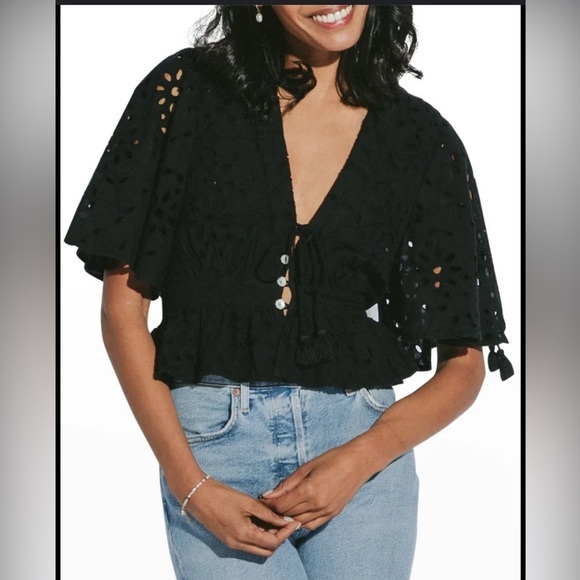 Cleobella Mira Eyelet Organic Cotton Cropped V-Neck Blouse Size Large - Picture 3 of 17